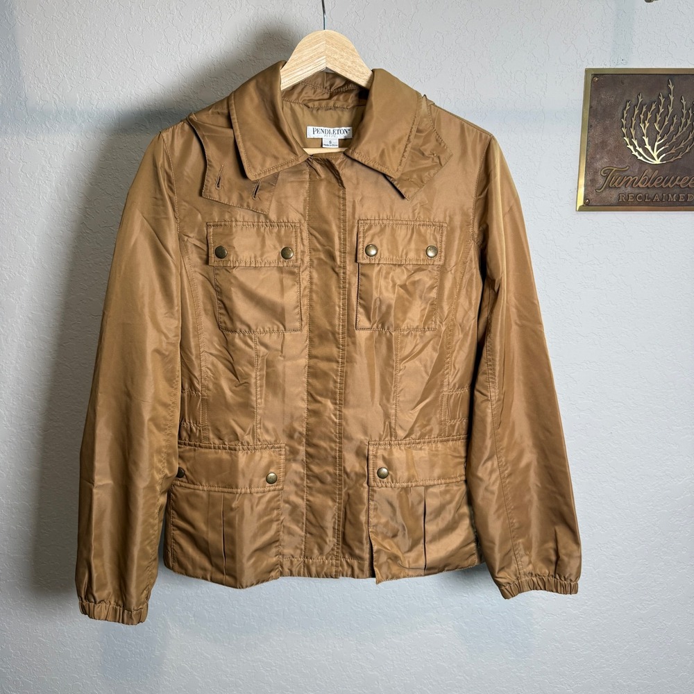 Pendleton Petite Tan Field Jacket Hooded Utility Safari Coat Small P PE236-82127